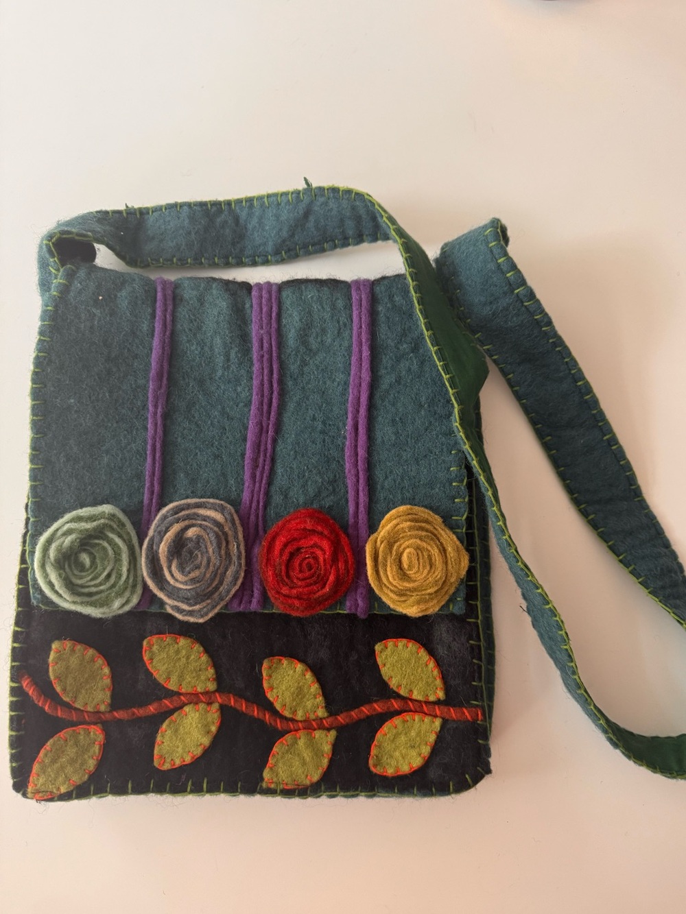 Rising
Tide Felt Floral Crossbody Bag in Teal/Black with Multicolor Rosettes